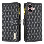 Capa carteira para telemóvel em pele com padrão de losangos, fecho de aba e fecho de correr, para iPhone 17 Pro Max, para iPhone 17 Pro, para iPhone 17, para iPhone Air, para iPhone 16 Pro Max, para iPhone 16 Pro, para iPhone 16 Plus, para iPhone 16
