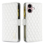 Capa carteira para telemóvel em pele com padrão de losangos, fecho de aba e fecho de correr, para iPhone 17 Pro Max, para iPhone 17 Pro, para iPhone 17, para iPhone Air, para iPhone 16 Pro Max, para iPhone 16 Pro, para iPhone 16 Plus, para iPhone 16