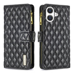 Capa carteira para telemóvel em pele com padrão de losangos, fecho de aba e fecho de correr, para iPhone 17 Pro Max, para iPhone 17 Pro, para iPhone 17, para iPhone Air, para iPhone 16 Pro Max, para iPhone 16 Pro, para iPhone 16 Plus, para iPhone 16