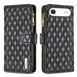 Capa carteira para telemóvel em pele com padrão de losangos, fecho de aba e fecho de correr, para iPhone 17 Pro Max, para iPhone 17 Pro, para iPhone 17, para iPhone Air, para iPhone 16 Pro Max, para iPhone 16 Pro, para iPhone 16 Plus, para iPhone 16