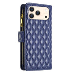 Capa carteira para telemóvel em pele com padrão de losangos, fecho de aba e fecho de correr, para iPhone 17 Pro Max, para iPhone 17 Pro, para iPhone 17, para iPhone Air, para iPhone 16 Pro Max, para iPhone 16 Pro, para iPhone 16 Plus, para iPhone 16