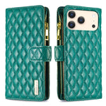 Capa carteira para telemóvel em pele com padrão de losangos, fecho de aba e fecho de correr, para iPhone 17 Pro Max, para iPhone 17 Pro, para iPhone 17, para iPhone Air, para iPhone 16 Pro Max, para iPhone 16 Pro, para iPhone 16 Plus, para iPhone 16