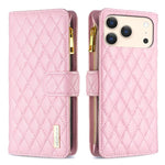 Capa carteira para telemóvel em pele com padrão de losangos, fecho de aba e fecho de correr, para iPhone 17 Pro Max, para iPhone 17 Pro, para iPhone 17, para iPhone Air, para iPhone 16 Pro Max, para iPhone 16 Pro, para iPhone 16 Plus, para iPhone 16