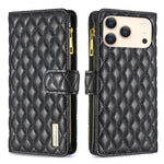 Capa carteira para telemóvel em pele com padrão de losangos, fecho de aba e fecho de correr, para iPhone 17 Pro Max, para iPhone 17 Pro, para iPhone 17, para iPhone Air, para iPhone 16 Pro Max, para iPhone 16 Pro, para iPhone 16 Plus, para iPhone 16