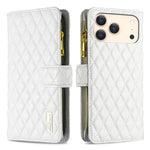 Capa carteira para telemóvel em pele com padrão de losangos, fecho de aba e fecho de correr, para iPhone 17 Pro Max, para iPhone 17 Pro, para iPhone 17, para iPhone Air, para iPhone 16 Pro Max, para iPhone 16 Pro, para iPhone 16 Plus, para iPhone 16