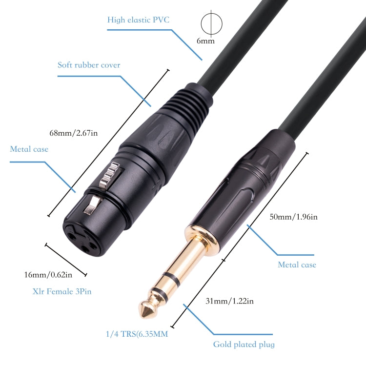 Cabo de Microfone 6.35mm 1/4 TRS Macho para XLR 3 Pinos Fêmea, 1m, 1.8m, 3m, 5m, 10m