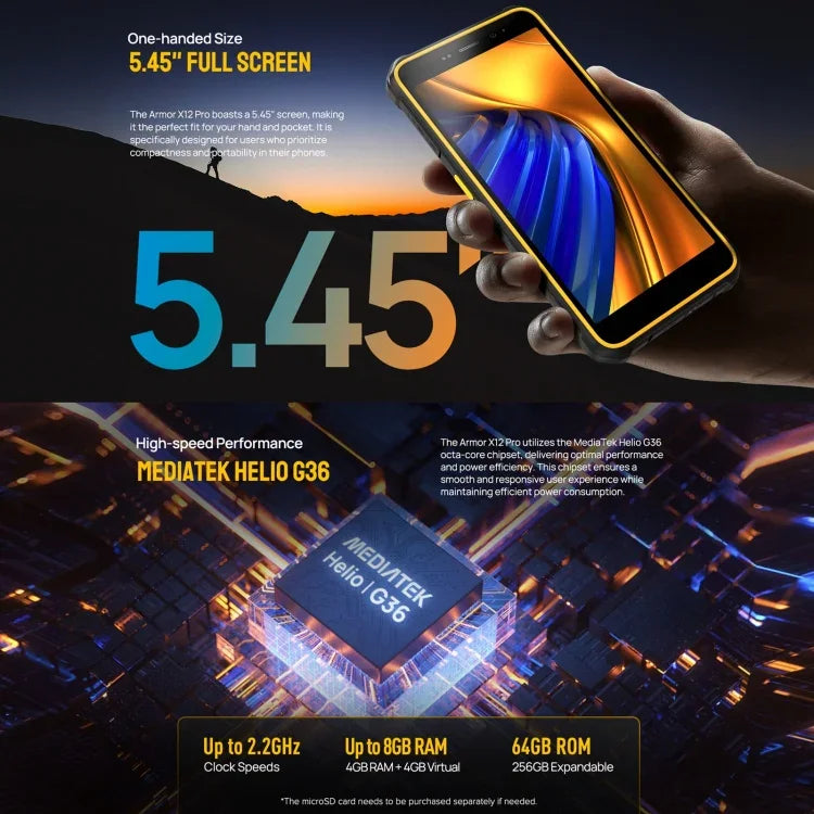 Ulefone Armor X12 Pro, telemóvel robusto IP68/IP69K, 5,45 polegadas Android 15 MediaTek Helio G36 Octa Core, Rede: 4G, NFC, 4GB+64GB