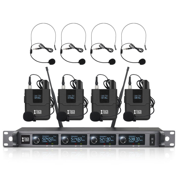 Sistema de Microfone Sem Fios XTUGA A140-B com 4 BodyPack, Microfone de Cabeça e Lavalier, A140-B