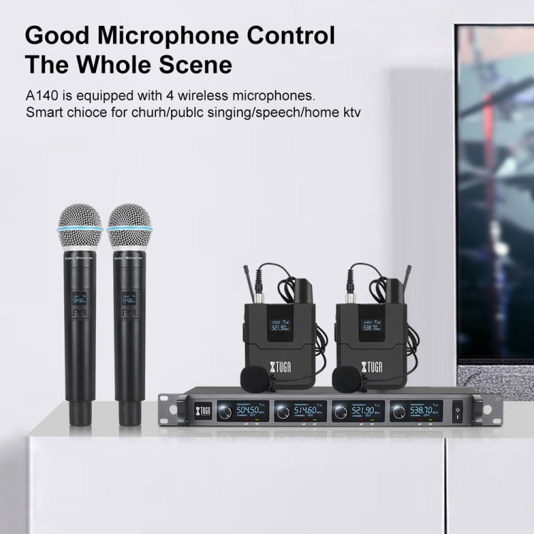 Sistema de Microfone Sem Fios XTUGA A140-B com 4 BodyPack, Microfone de Cabeça e Lavalier, A140-B