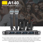 Sistema de Microfone Sem Fios XTUGA A140-B com 4 BodyPack, Microfone de Cabeça e Lavalier, A140-B
