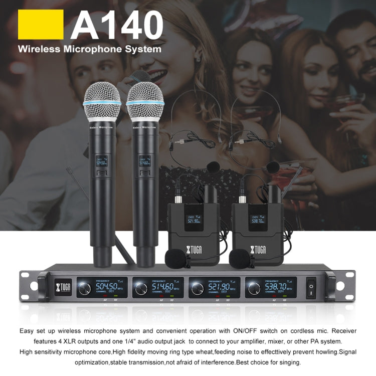 Sistema de Microfone Sem Fios XTUGA A140-B com 4 BodyPack, Microfone de Cabeça e Lavalier, A140-B
