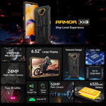 Ulefone Armor X13, telemóvel robusto IP68/IP69K, 6,52 polegadas Android 15 MediaTek Helio G36 Octa Core, Rede: 4G, NFC, OTG, 6GB+64GB