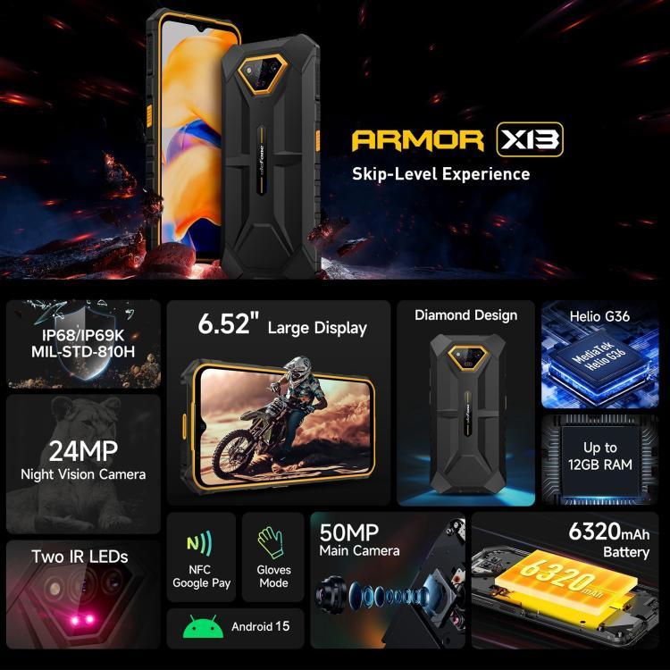 Ulefone Armor X13, telemóvel robusto IP68/IP69K, 6,52 polegadas Android 15 MediaTek Helio G36 Octa Core, Rede: 4G, NFC, OTG, 6GB+64GB