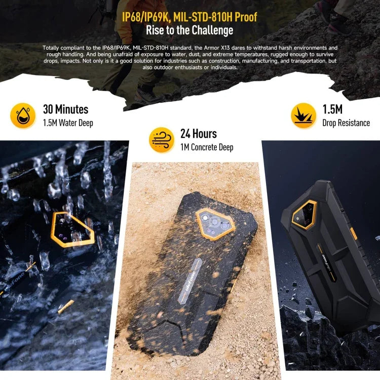 Ulefone Armor X13, telemóvel robusto IP68/IP69K, 6,52 polegadas Android 15 MediaTek Helio G36 Octa Core, Rede: 4G, NFC, OTG, 6GB+64GB