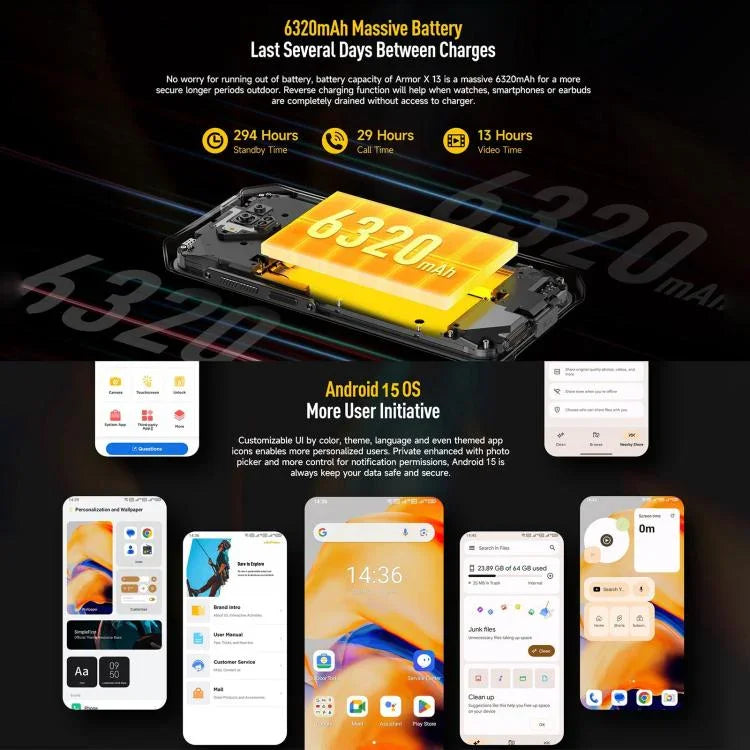 Ulefone Armor X13, telemóvel robusto IP68/IP69K, 6,52 polegadas Android 15 MediaTek Helio G36 Octa Core, Rede: 4G, NFC, OTG, 6GB+64GB