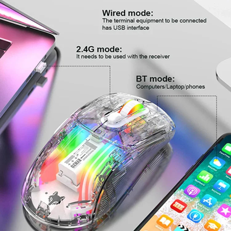 XUNFOX XYH20RGB Rato Gaming Transparente com Luz RGB 2400DPI 2.4G + BT + Com Fios
