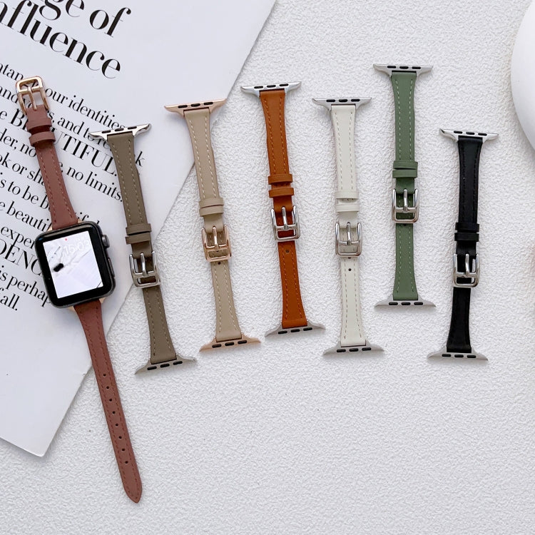 T-shaped Slim Genuine Leather Watch Band, For Apple Watch Series 10 46mm, For Apple Watch Series 10 42mm, For Apple Watch SE 2023 44mm, For Apple Watch SE 2023 40mm, For Apple Watch Ultra 2 49mm, For Apple Watch Series 9 45mm
