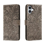 Capa de telemóvel em pele com flip e relevo de flor de renda, para iPhone 17e / 16e, para iPhone 17 Pro Max, para iPhone 17 Pro, para iPhone 17, para iPhone Air, para iPhone 16 Pro Max, para iPhone 16 Pro, para iPhone 16 Plus