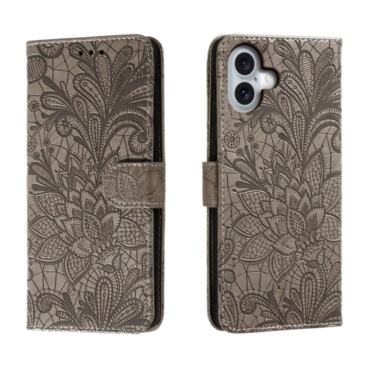 Capa de telemóvel em pele com flip e relevo de flor de renda, para iPhone 17e / 16e, para iPhone 17 Pro Max, para iPhone 17 Pro, para iPhone 17, para iPhone Air, para iPhone 16 Pro Max, para iPhone 16 Pro, para iPhone 16 Plus