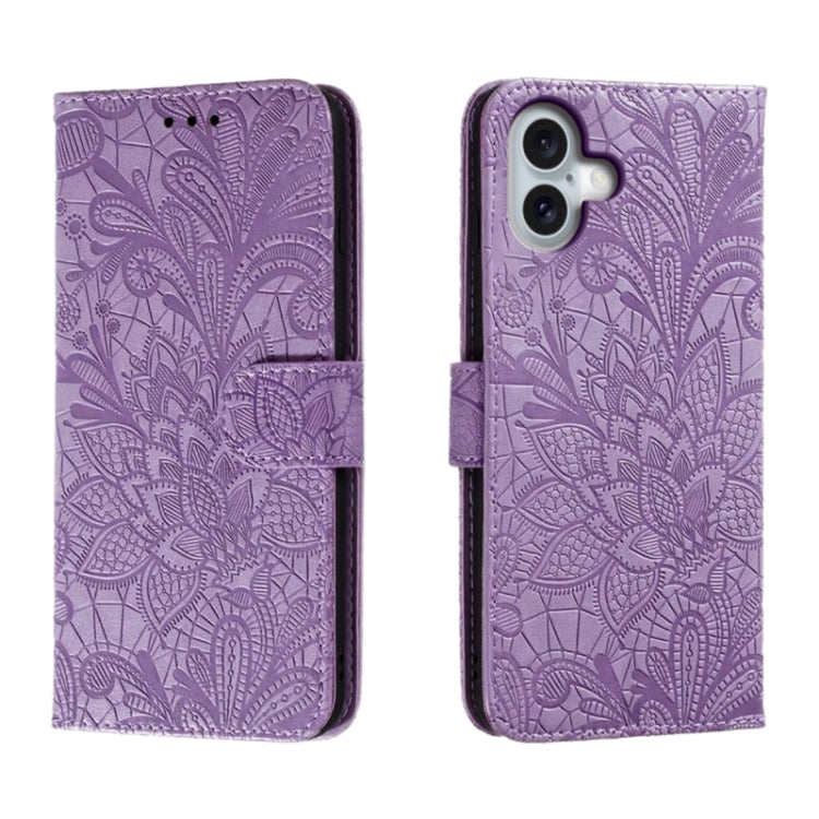 Capa de telemóvel em pele com flip e relevo de flor de renda, para iPhone 17e / 16e, para iPhone 17 Pro Max, para iPhone 17 Pro, para iPhone 17, para iPhone Air, para iPhone 16 Pro Max, para iPhone 16 Pro, para iPhone 16 Plus
