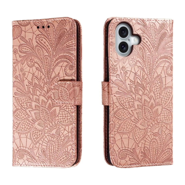 Capa de telemóvel em pele com flip e relevo de flor de renda, para iPhone 17e / 16e, para iPhone 17 Pro Max, para iPhone 17 Pro, para iPhone 17, para iPhone Air, para iPhone 16 Pro Max, para iPhone 16 Pro, para iPhone 16 Plus