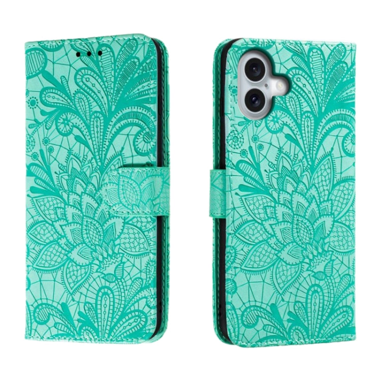 Capa de telemóvel em pele com flip e relevo de flor de renda, para iPhone 17e / 16e, para iPhone 17 Pro Max, para iPhone 17 Pro, para iPhone 17, para iPhone Air, para iPhone 16 Pro Max, para iPhone 16 Pro, para iPhone 16 Plus