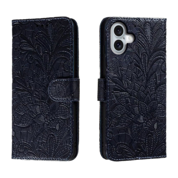 Capa de telemóvel em pele com flip e relevo de flor de renda, para iPhone 17e / 16e, para iPhone 17 Pro Max, para iPhone 17 Pro, para iPhone 17, para iPhone Air, para iPhone 16 Pro Max, para iPhone 16 Pro, para iPhone 16 Plus