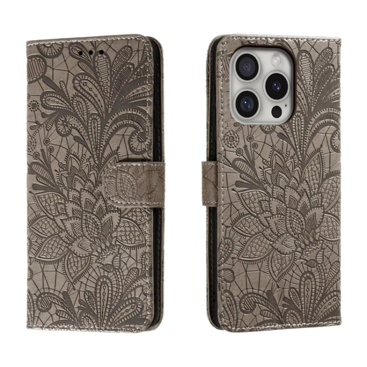Capa de telemóvel em pele com flip e relevo de flor de renda, para iPhone 17e / 16e, para iPhone 17 Pro Max, para iPhone 17 Pro, para iPhone 17, para iPhone Air, para iPhone 16 Pro Max, para iPhone 16 Pro, para iPhone 16 Plus