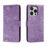 Capa de telemóvel em pele com flip e relevo de flor de renda, para iPhone 17e / 16e, para iPhone 17 Pro Max, para iPhone 17 Pro, para iPhone 17, para iPhone Air, para iPhone 16 Pro Max, para iPhone 16 Pro, para iPhone 16 Plus