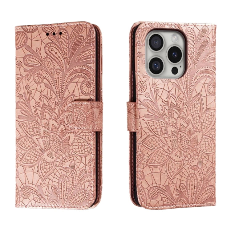 Capa de telemóvel em pele com flip e relevo de flor de renda, para iPhone 17e / 16e, para iPhone 17 Pro Max, para iPhone 17 Pro, para iPhone 17, para iPhone Air, para iPhone 16 Pro Max, para iPhone 16 Pro, para iPhone 16 Plus