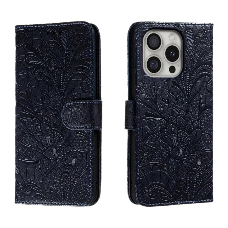 Capa de telemóvel em pele com flip e relevo de flor de renda, para iPhone 17e / 16e, para iPhone 17 Pro Max, para iPhone 17 Pro, para iPhone 17, para iPhone Air, para iPhone 16 Pro Max, para iPhone 16 Pro, para iPhone 16 Plus