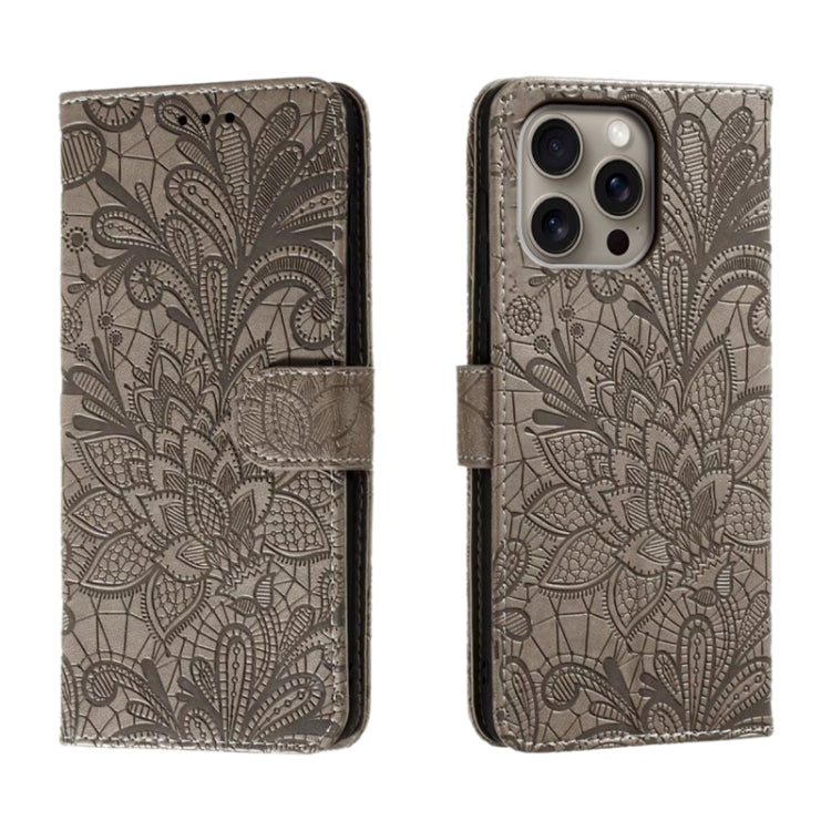 Capa de telemóvel em pele com flip e relevo de flor de renda, para iPhone 17e / 16e, para iPhone 17 Pro Max, para iPhone 17 Pro, para iPhone 17, para iPhone Air, para iPhone 16 Pro Max, para iPhone 16 Pro, para iPhone 16 Plus