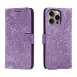 Capa de telemóvel em pele com flip e relevo de flor de renda, para iPhone 17e / 16e, para iPhone 17 Pro Max, para iPhone 17 Pro, para iPhone 17, para iPhone Air, para iPhone 16 Pro Max, para iPhone 16 Pro, para iPhone 16 Plus