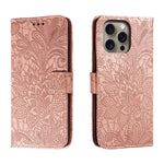 Capa de telemóvel em pele com flip e relevo de flor de renda, para iPhone 17e / 16e, para iPhone 17 Pro Max, para iPhone 17 Pro, para iPhone 17, para iPhone Air, para iPhone 16 Pro Max, para iPhone 16 Pro, para iPhone 16 Plus