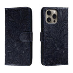 Capa de telemóvel em pele com flip e relevo de flor de renda, para iPhone 17e / 16e, para iPhone 17 Pro Max, para iPhone 17 Pro, para iPhone 17, para iPhone Air, para iPhone 16 Pro Max, para iPhone 16 Pro, para iPhone 16 Plus