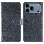 Capa de telemóvel em pele com flip e relevo de flor de renda, para iPhone 17e / 16e, para iPhone 17 Pro Max, para iPhone 17 Pro, para iPhone 17, para iPhone Air, para iPhone 16 Pro Max, para iPhone 16 Pro, para iPhone 16 Plus