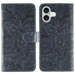 Capa de telemóvel em pele com flip e relevo de flor de renda, para iPhone 17e / 16e, para iPhone 17 Pro Max, para iPhone 17 Pro, para iPhone 17, para iPhone Air, para iPhone 16 Pro Max, para iPhone 16 Pro, para iPhone 16 Plus