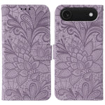 Capa de telemóvel em pele com flip e relevo de flor de renda, para iPhone 17e / 16e, para iPhone 17 Pro Max, para iPhone 17 Pro, para iPhone 17, para iPhone Air, para iPhone 16 Pro Max, para iPhone 16 Pro, para iPhone 16 Plus