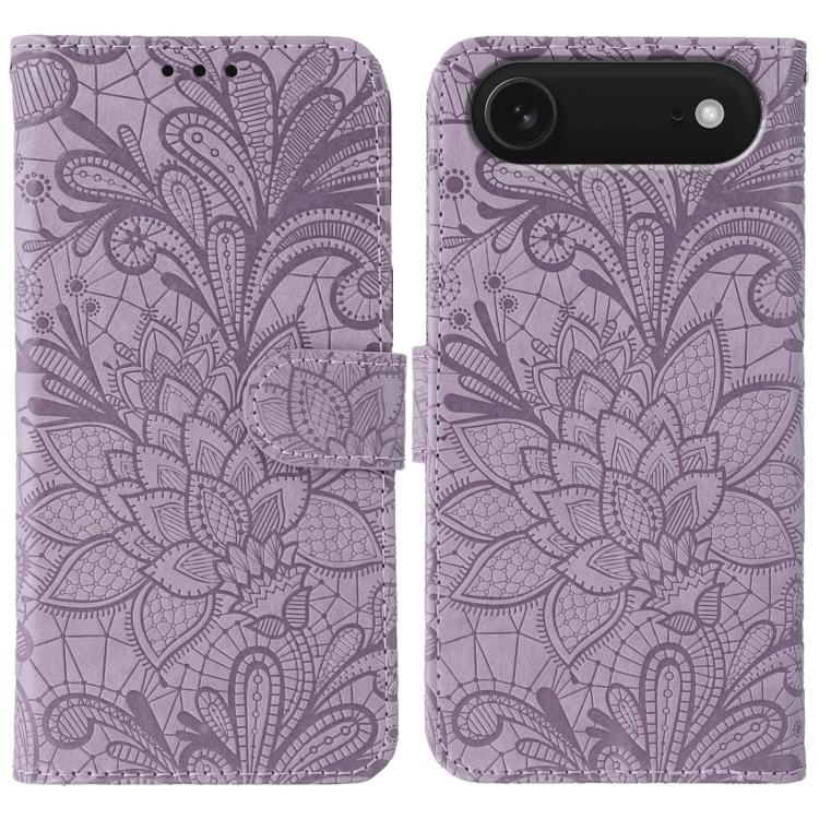 Capa de telemóvel em pele com flip e relevo de flor de renda, para iPhone 17e / 16e, para iPhone 17 Pro Max, para iPhone 17 Pro, para iPhone 17, para iPhone Air, para iPhone 16 Pro Max, para iPhone 16 Pro, para iPhone 16 Plus