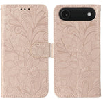 Capa de telemóvel em pele com flip e relevo de flor de renda, para iPhone 17e / 16e, para iPhone 17 Pro Max, para iPhone 17 Pro, para iPhone 17, para iPhone Air, para iPhone 16 Pro Max, para iPhone 16 Pro, para iPhone 16 Plus