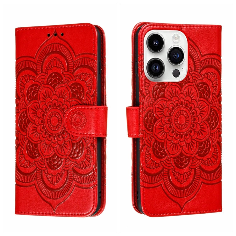 Capa de telemóvel em pele com relevo Mandala do Sol, para iPhone 16e / 17e, para iPhone 17 Pro Max, para iPhone 17 Pro, para iPhone 17, para iPhone Air, para iPhone 15 Pro Max