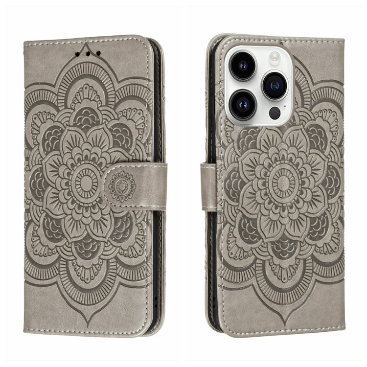 Capa de telemóvel em pele com relevo Mandala do Sol, para iPhone 16e / 17e, para iPhone 17 Pro Max, para iPhone 17 Pro, para iPhone 17, para iPhone Air, para iPhone 15 Pro Max