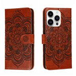 Capa de telemóvel em pele com relevo Mandala do Sol, para iPhone 16e / 17e, para iPhone 17 Pro Max, para iPhone 17 Pro, para iPhone 17, para iPhone Air, para iPhone 15 Pro Max
