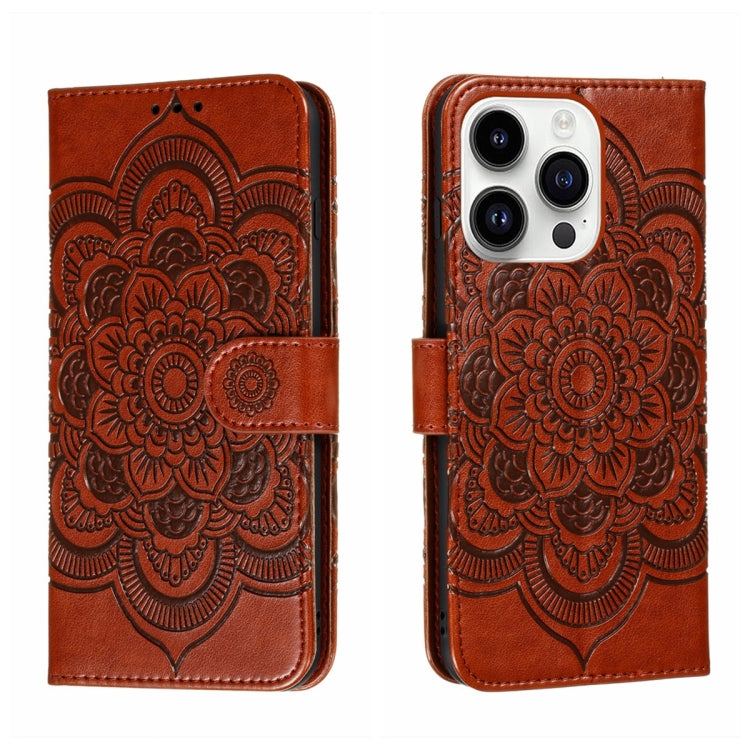 Capa de telemóvel em pele com relevo Mandala do Sol, para iPhone 16e / 17e, para iPhone 17 Pro Max, para iPhone 17 Pro, para iPhone 17, para iPhone Air, para iPhone 15 Pro Max