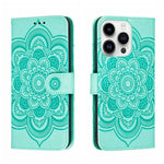 Capa de telemóvel em pele com relevo Mandala do Sol, para iPhone 16e / 17e, para iPhone 17 Pro Max, para iPhone 17 Pro, para iPhone 17, para iPhone Air, para iPhone 15 Pro Max