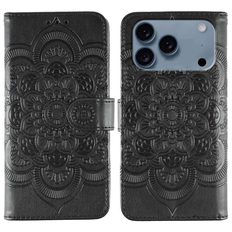Capa de telemóvel em pele com relevo Mandala do Sol, para iPhone 16e / 17e, para iPhone 17 Pro Max, para iPhone 17 Pro, para iPhone 17, para iPhone Air, para iPhone 15 Pro Max