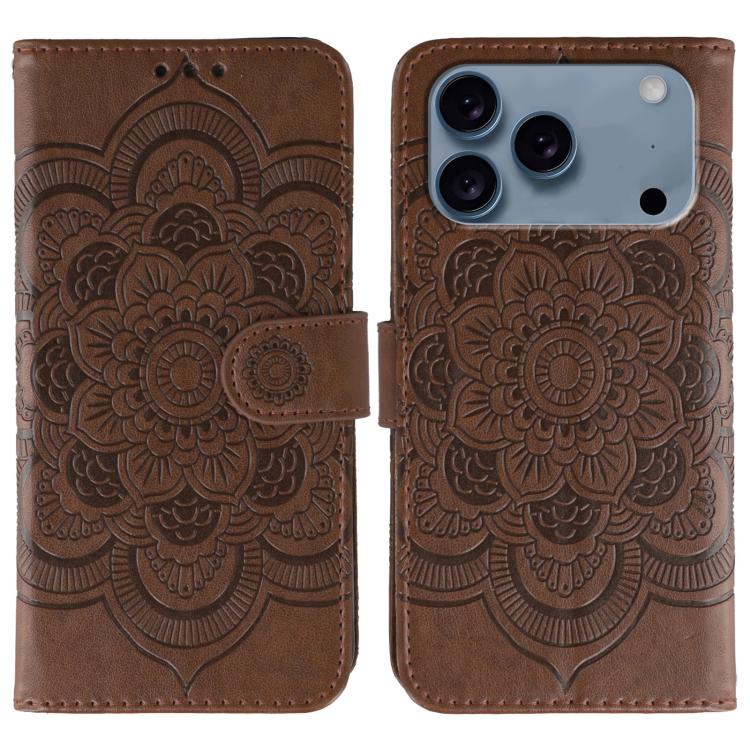 Capa de telemóvel em pele com relevo Mandala do Sol, para iPhone 16e / 17e, para iPhone 17 Pro Max, para iPhone 17 Pro, para iPhone 17, para iPhone Air, para iPhone 15 Pro Max