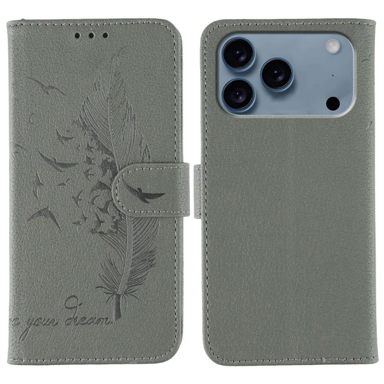 Capa de telemóvel em pele com textura litchi e padrão de penas, para iPhone 17 Pro Max, para iPhone 17 Pro, para iPhone 17, para iPhone Air, para iPhone 15 Pro Max, para iPhone 15 Pro, para iPhone 15 Plus, para iPhone 15