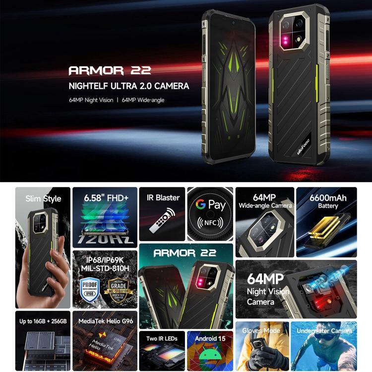 Ulefone Armor 22, telemóvel robusto IP68/IP69K, 6,58 polegadas Android 15 MediaTek Helio G96 Octa Core, Rede: 4G, NFC, OTG, 8GB+128GB, 8GB+256GB