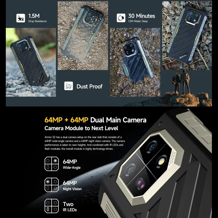 Ulefone Armor 22, telemóvel robusto IP68/IP69K, 6,58 polegadas Android 15 MediaTek Helio G96 Octa Core, Rede: 4G, NFC, OTG, 8GB+128GB, 8GB+256GB